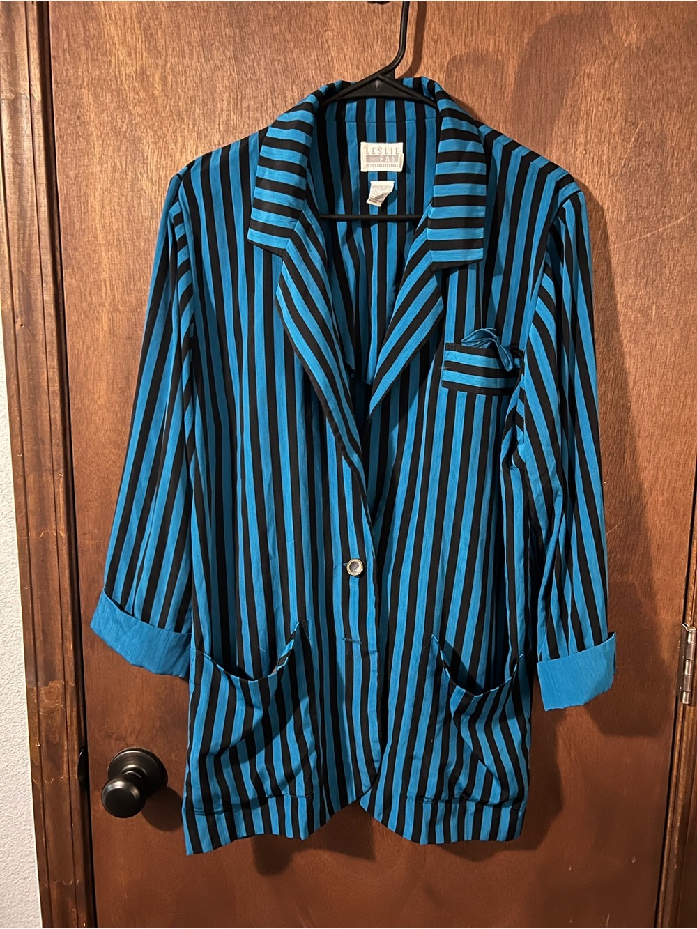 Leslie Fay Turquoise and Black Vertical Stripe Blazer